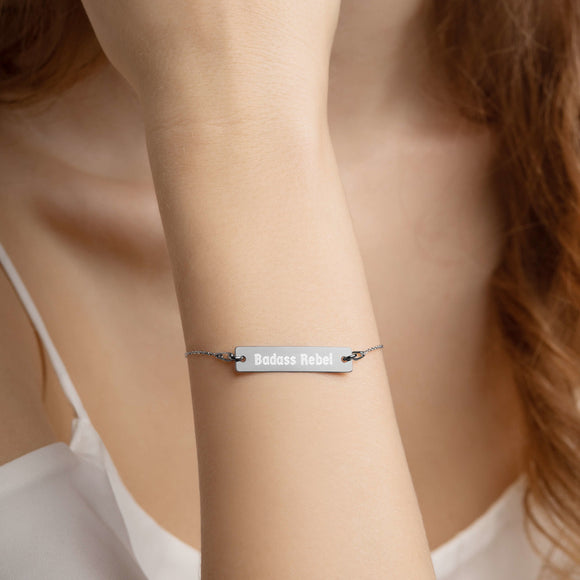 Engraved Silver Bar Chain Bracelet: Badass Rebel